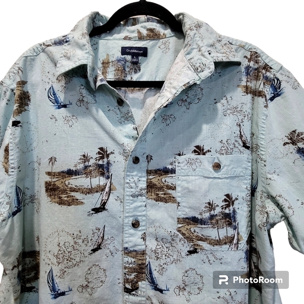 Croft & Barrow Large Men's Baby Blue Brown 100% Cotton Dress Shirt Tropicsl VCAY - Picture 3 of 6